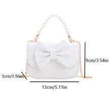 Girls Mini PU Crossbody Bag, Bowknot Pearl Decor Handbag, Detachable Pearl Top Handle And Metal Chain Shoulder Strap - A - View 2