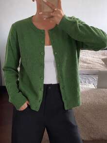 Women's Cardigan Round Neck Single-Breasted Button-Up Long Sleeve Basic Style College Casual Dopamine Bright Color Single Wear Layering Thick Fuzzy Knit Sweater Autumn/Winter - Green - View 2