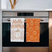 2PCS Kitchen Towel, Autumn Theme Minimalist Pumpkin Pattern Print, 40*60cm Rectangular Microfiber Kitchen Towel, Dish Cloth, Table Cloth, Hand Towel, Kitchen Decor, Home Decor, Neighbor Housewarming Gift, Kitchen Napkin And Dish Cloth, Home Decor, Gift - Orange - View 5
