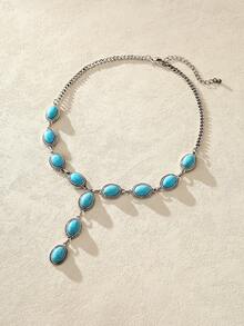 Nocturel 1pc Women's Retro Western Style Turquoise Inlaid Y-Shape Charm Necklace, Suitable For Beach, Holiday, Party, Clavicle Necklace - Multicolor - View 2