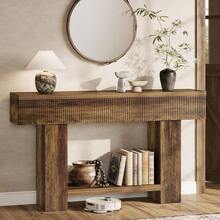 LITTLE TREE 140cm Farmhouse Console Table, 2‑Tier Storage Sofa Table Behind Couch, Rustic Wood Entryway Table For Hallway, Living Room - Brown - View 7