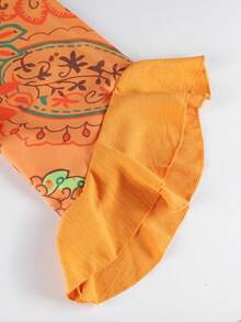 Blusa de mujer talla grande con estampado, mangas con volantes y cuello en V, estampado aleatorio (estampado aleatorio, sin posición fija en la parte delantera y trasera) - Naranja Quemada - Ver 4