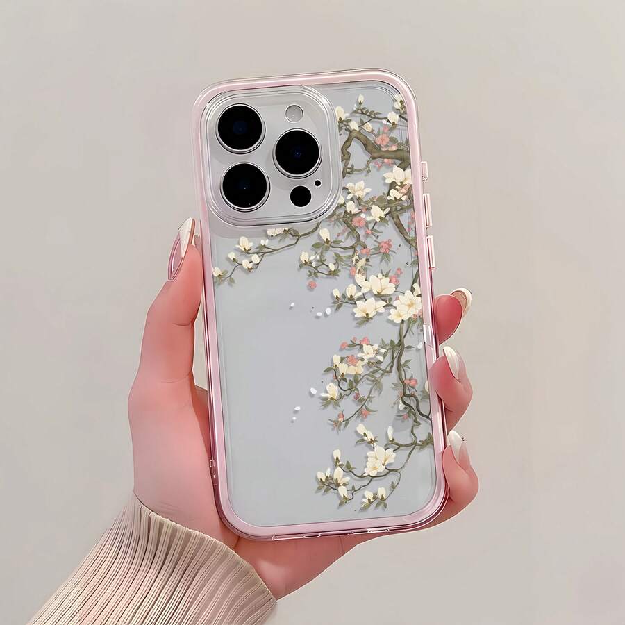1pc Pink Frame Transparent Minimalist Lens Protection Anti-Drop Anti-Collision Half Magnolia Branch Pattern Phone Case Personalized Compatible With Iphone 16 Pro Max/17/16/15/14 Plus/13/12/11/Air And Series - Multicolor - View 1