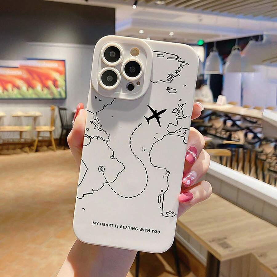 Phone Case - Summer Airplane Map Pattern Matte Anti-Drop TPU Phone Case Suitable For Iphone 16, 15, 14, 13, 12, 11 Pro Max - 古董白 - 查看 1