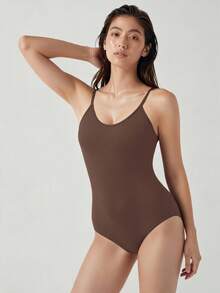 Mystèrelle 1pc Women's Seamless Backless Shaping Bodysuit With Thong Bottom, Slimming Bodyshaper Breathable Tight Waist Trainer Low Back - Brown - View 2