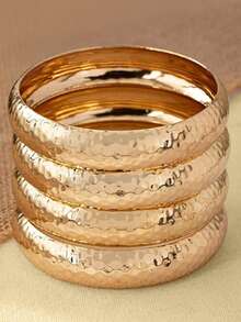 4pcs/Set Vintage Elegant Wide Plain Metal Cuff Bracelets, Suitable For Women's Daily, Party, Vacation And Multiple Occasions, Gift - Gold - View 4