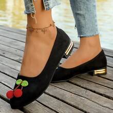Vintage Black Suede Low Heel Women's Pumps With Cherry Decor And Gold Chunky Heel, Versatile For Commuting And Dating - Black - View 6