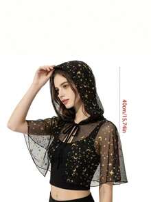 Moon & Star Hooded Cape, Halloween Costume, Black Transparent Mesh Tie-Front Short Cape, Suitable For Photo Shoots - Black - View 8