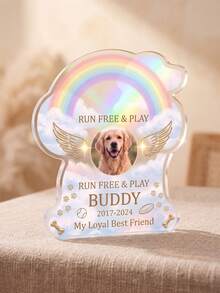 1pc Personalized Custom Photo & Text Pet Memorial Plaque, Rainbow Bridge Dog-Shaped Desktop Memorial Ornament, Angel Wings Pet Loss Memorial Decor, Sympathy & Remembrance Gift For Dog & Cat Pet Owners, Home Desktop Memorial Display - Multicolor - View 4
