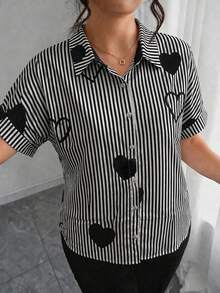Plus Size Women Casual Striped Heart Button Shirt, Suitable For Daily Wear And Commuting Autumn Top - Black - View 1