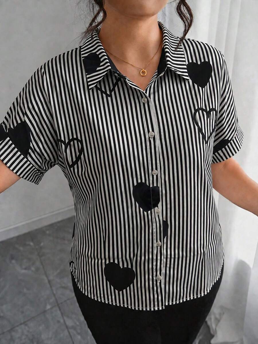 Plus Size Women Casual Striped Heart Button Shirt, Suitable For Daily Wear And Commuting Autumn Top - Black - View 1