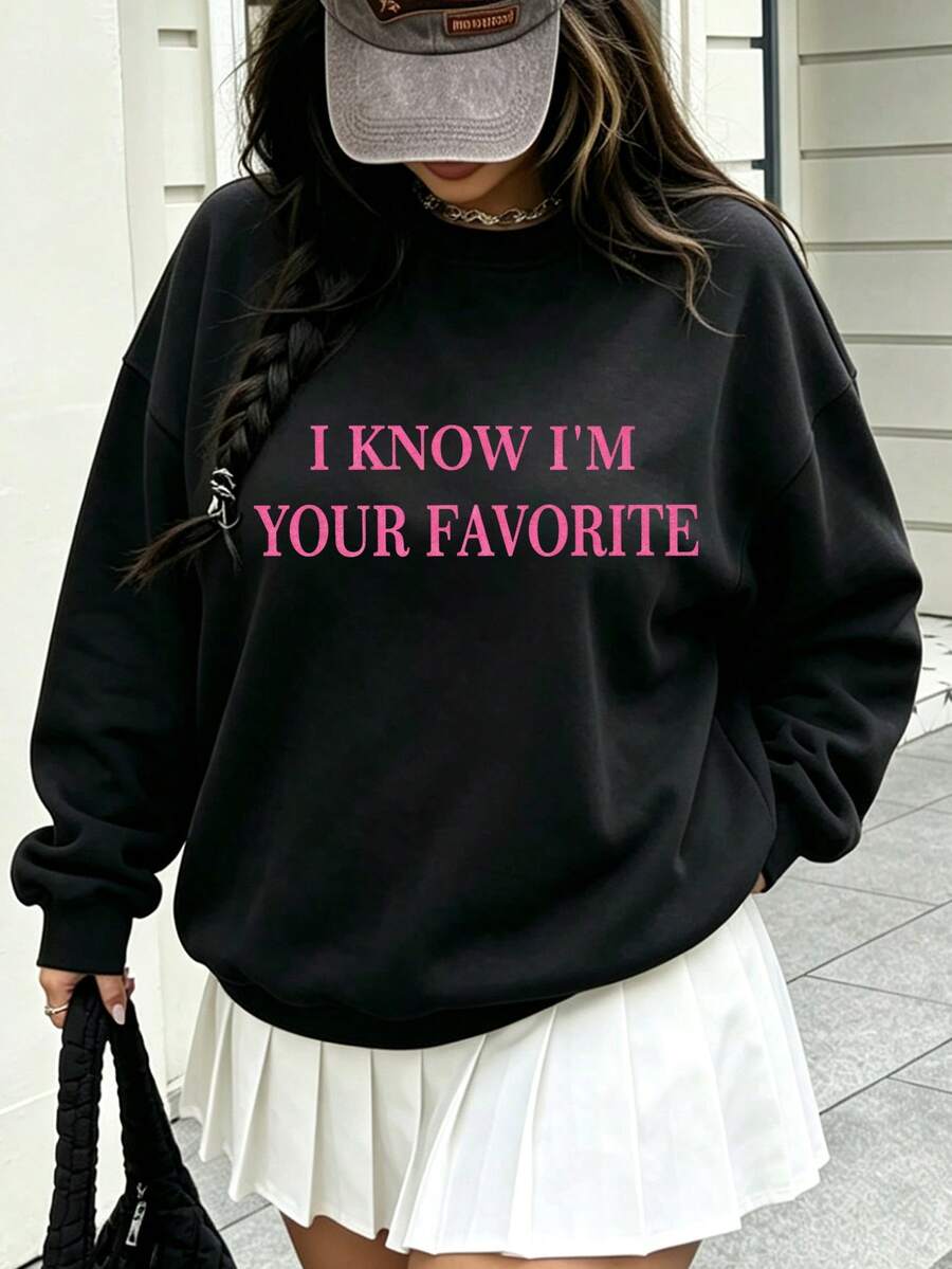 I KNOW I'M YOUR FAVORITE 粉色字母印花柔軟透氣女款大尺碼圓領運動衫 - 黑色 - 查看 1