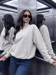 Sweatshirt Wanita Kasual Bahan Komposit Kerah Tinggi Saku Resleting Potongan Longgar Setengah Terbuka dengan Tudung, Set Atasan Musim Panas untuk Pemakaian Sehari-hari - Abu-abu muda - View 5