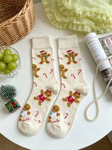 1 Pair Women's Christmas Holiday Style Cartoon Gingerbread Man Comfortable Versatile Mid-Calf Socks - Beige - View 12