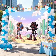 Sonic 西部牛仔決鬥派對背景布，戶外沙漠仙人掌風景攝影背景，男孩遊戲生日派對牆面裝飾 - 彩色 - 查看 4