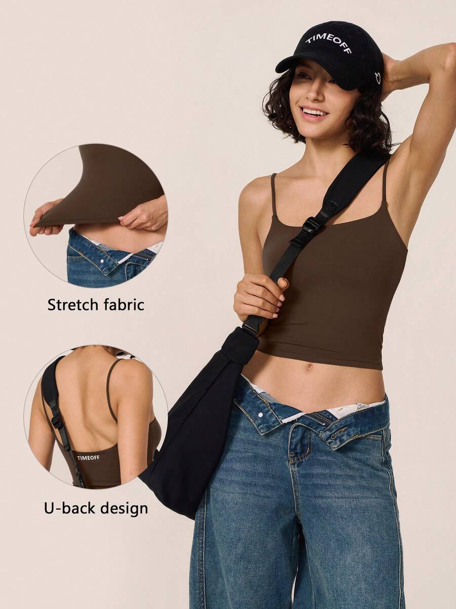 TimeOff Women's 1pc Solid Color Spaghetti Strap Backless Padded Cropped Tank Top For Outdoor Running And Fitness - Mocha Brown - View 1