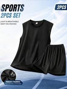 2pcs/Set Men's Black Mesh Sleeveless Tank Top + Loose Shorts, Men's Sportswear Set, Men's Lightweight Breathable Soft Fabric Fitness Workout Outfit, Suitable For Summer Running, Basketball, Machine Washable - Black - View 6