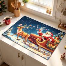 1pc Dish Drying Mat, Coffee Machine Mat, Christmas Reindeer Sleigh Pattern Dish Drying Mat, Suitable For Kitchen, Dining Room, Holiday Table Atmosphere, Practical Home Decor For Winter Christmas Season, Family Gift, Tabletop Decoration - XYLSD-909 - View 3