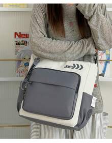 1 Stück künstlerische Canvas‑Schultertasche mit Cartoon‑Motiv, großes Fassungsvermögen, Mehrfach‑Fächer, Aktentasche für Schulunterlagen - Grau - Übersicht 4