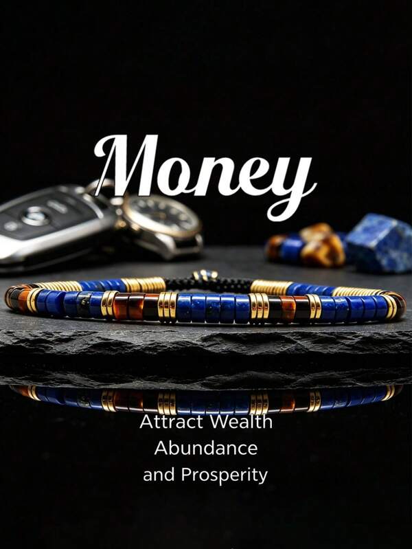 Natural Lapis Lazuli & Tiger Eye Flat Disc Beads Adjustable Braided Money Bracelet, Gold Spacer, Minimalist Hand Jewelry For Business Men Daily Wear