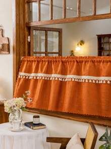 1pc Pumpkin-Colored, Two-Tone Fringed Fall Decorative Sheer Curtains-Let Light Through But Keep Privacy Intact. Ideal For Bedrooms, Cabinets, Open Shoe Racks, And Wardrobes To Keep Dust Out And Hide Imperfections. Polyester Short Curtains. - Burnt Orange - View 5