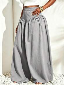 Fashion Plus Size Women's Wide Leg Pants, Elastic Waist Design, Comfortable Non-Stretch Fabric, Creating Casual Bohemian Style - Light Grey - View 3
