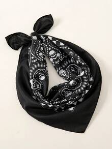 1 Peça Lenço de Cabeça Feminino com Estampa de Padrão Paisley e Caveira de Caju, Estilo Casual Simples, Versátil para Uso Diário, Decoração de Halloween, Faixa de Cabelo em Denim, Estilo Boêmio, Adequado para Todas as Estações, Acessório Gótico - A-Preto - Visão 5