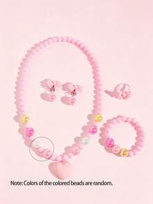 5pcs/Set Girls Princess Heart Bow Beaded Necklace, Bracelet, Ring And Earring Jewelry Set, Suitable For Party, Gathering, Daily Wear - Multicolor - View 7