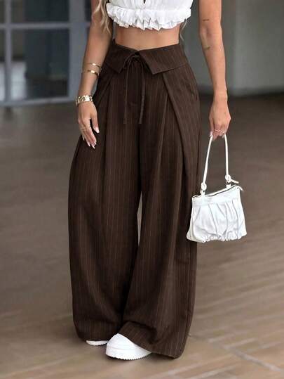 GLAMSKIN Women's Autumn Striped Wide Leg Suit Pants, Folded Waist Drawstring High Waist Pleated Long Pants, Office Back To School Casual Loose Fit Trousers