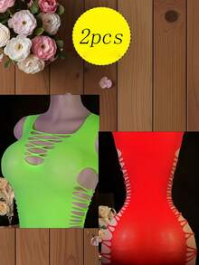 2Pcs Women's Neon Green Sexy Fishnet & Distressed Cutout Bodycon Mini Dress Set Halter Tassel Mesh And Sleeveless Hollow Out Stretchy Lingerie Clubwear Dresses - Multicolor - View 4