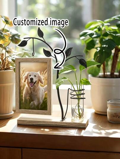 1pc Tree‑Shaped Metal Hanging Photo Frame,4*6 Inch Double‑Sided Wooden Picture Frame With Hydroponic Glass Vase,Desktop Home Tabletop Decor,Gift For Family Friends