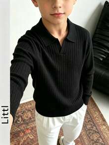 Tween Boys Ribbed Polo Neck Knit Sweater, Solid Long Sleeve Casual Pullover - Black - View 6
