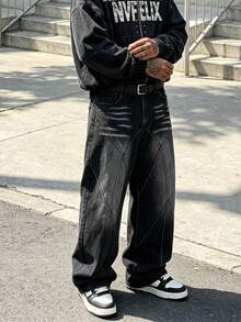 Men's Black Washed Loose Fit Embroidered Stitch Wide Leg Street Style Jeans - Black - View 3