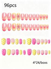 96 piezas de pegatinas de uñas francesas florales ovaladas cortas, pegatinas de uñas acrílicas cortas, uñas postizas de cobertura completa, con caja de almacenamiento, adecuadas para el uso diario y fiestas de mujeres y niñas - Multicolor - Ver 9