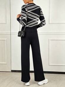 Conjunto mujer 2 piezas: suéter manga larga y pantalones largos, diseño moderno, tejido suave abrigado para otoño‑invierno, look elegante y acogedor. - Negro - Ver 2