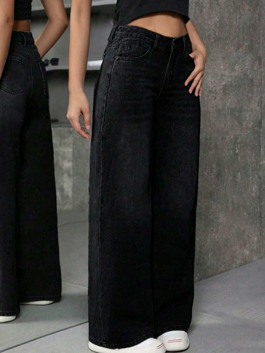 青少年女孩休閒直筒寬鬆牛仔褲 - 黑色 - 查看 1