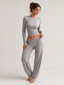 XLLAIS Celana Olahraga Wanita dengan Pinggang Elastis, Warna Polos & Campuran, Musim Gugur - Grey - View 6