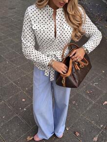 Spring/Summer Polka Dot Cinched Waist Long Sleeve Blouse, Stand Collar Pocket Slim Fit, Versatile Top For Office, Business, Commuting And Dating - Multicolor - View 1