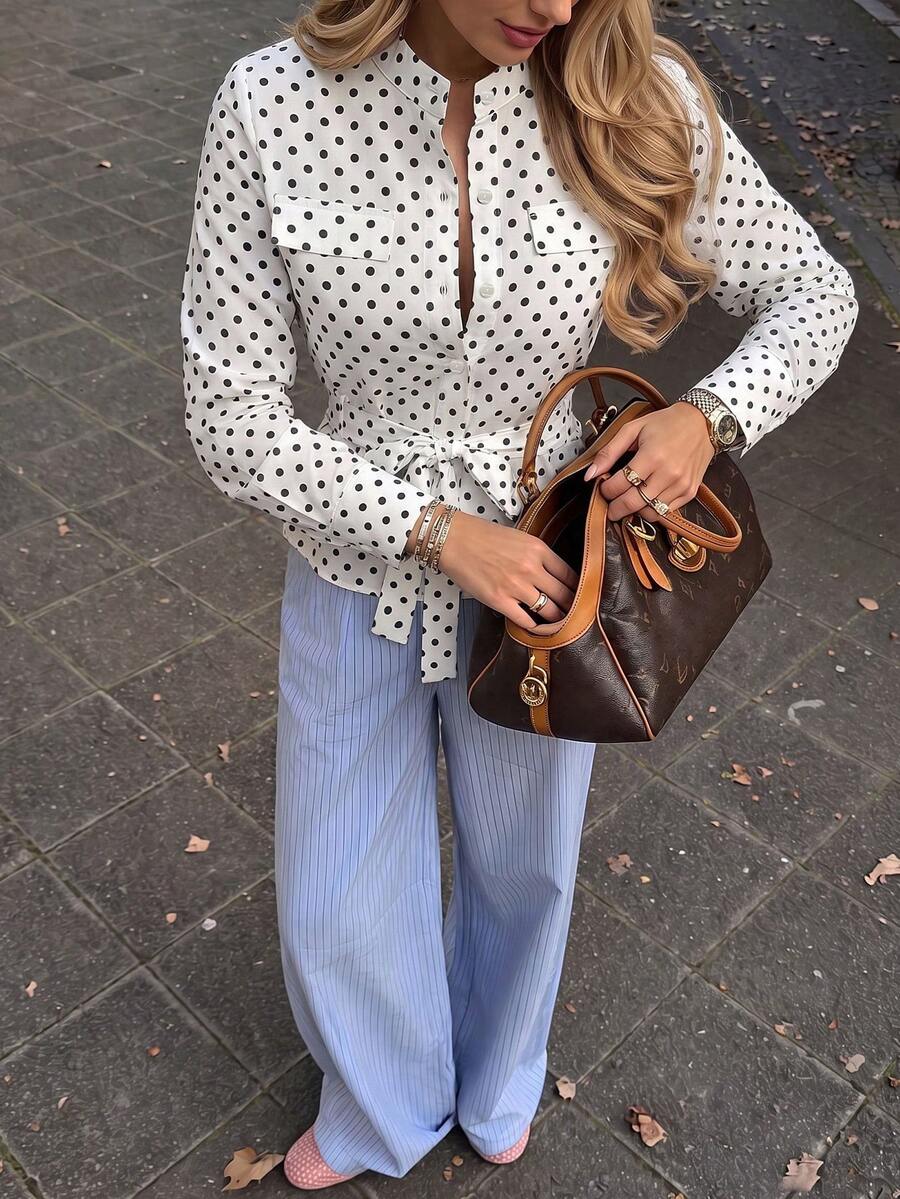 Spring/Summer Polka Dot Cinched Waist Long Sleeve Blouse, Stand Collar Pocket Slim Fit, Versatile Top For Office, Business, Commuting And Dating - Multicolor - View 1