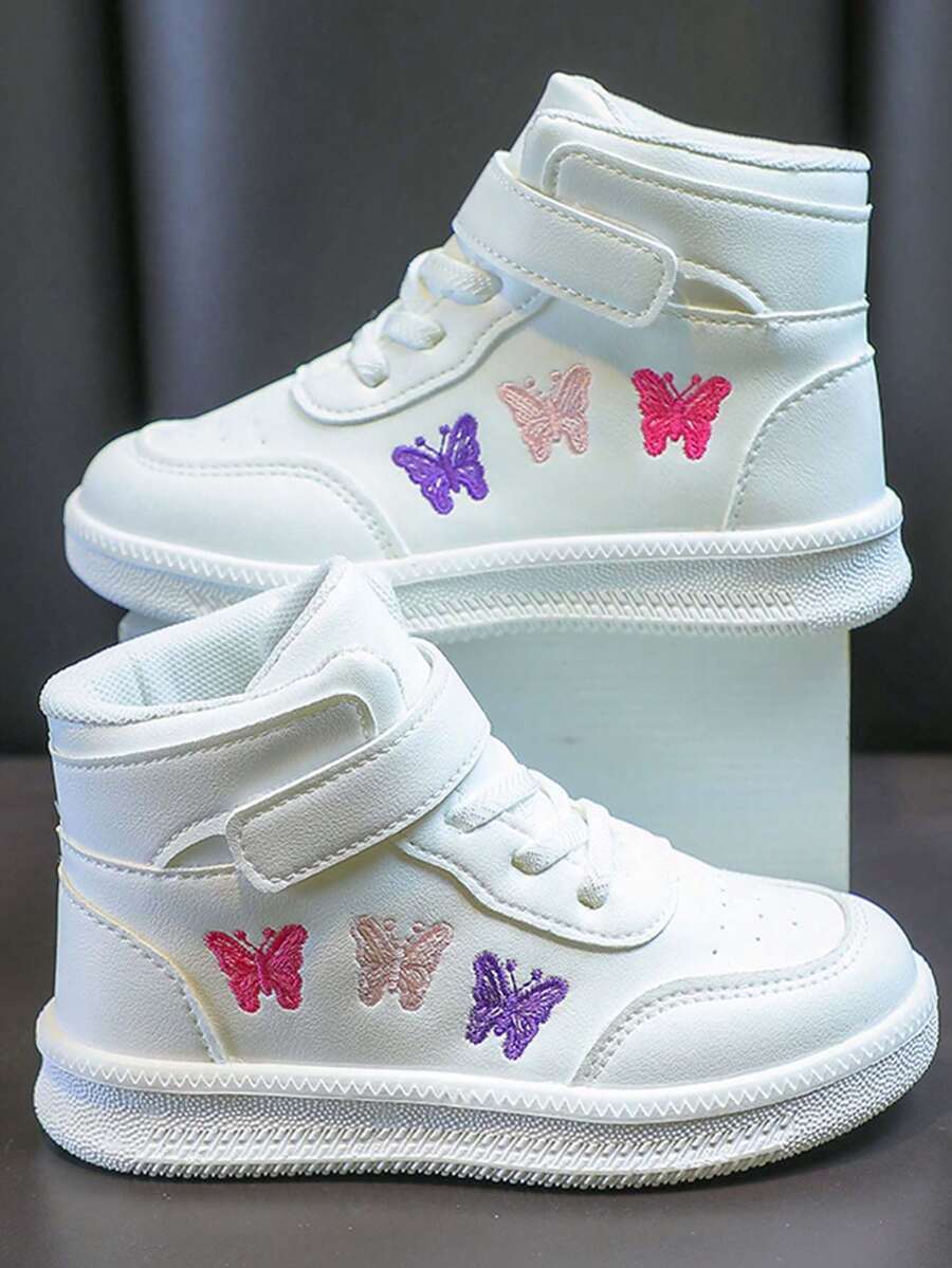 High-Top White Sneakers Cute Embroidery Hook And Loop Strap Soft Sole Anti-Slip Kids Casual Sports Shoes - White - View 1
