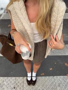 Vivid Style Beige Cable Knit Cardigan Women Crewneck Button Up Crop Loose Sweater Drop Shoulder Lantern Long Sleeve Cozy Knitted Jumper Coat - Camel - View 7