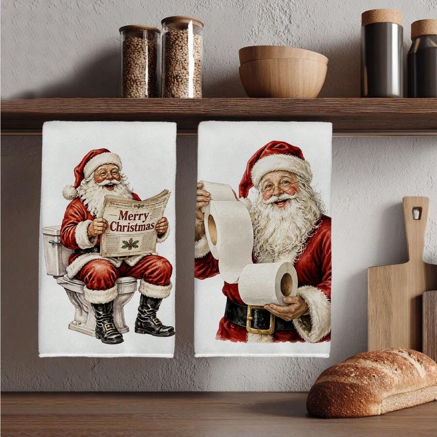 2PCS Kitchen Towel, Funny Santa Claus Pattern Kitchen Towel Dishcloth, 40*60cm Rectangular Microfiber Absorbent Cleaning Kitchen Towel, Perfect For Kitchen, Dining Room And Bathroom Use, Kitchen Decor, Home Decor, Neighbor Housewarming Gift, Dishcloth - Multicolor - View 1