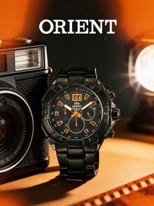 Orient Black Chronograph Watch, Large Date Display, Stainless Steel Band, Professional Racing Business Social Anniversary Celebration Gentleman - Black - View 2
