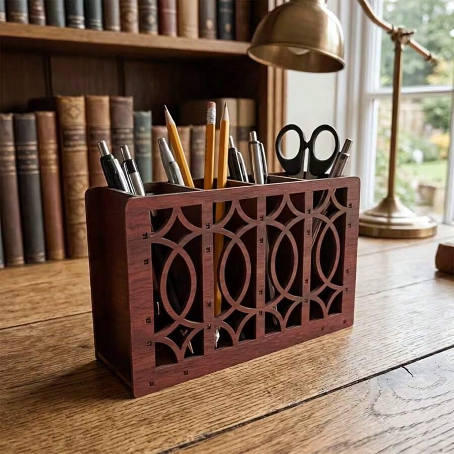1pc 4-Compartment Wooden Hollow Floral Pattern Double-Sided Wood Grain Theme Remote Control Box, Pen Holder And Other Items Desktop Storage Box. Suitable For Kitchen And Home Decor Large Storage Space. Harvest Gift, Small Gift For Colleagues, Holiday Gift - Redwood - View 1