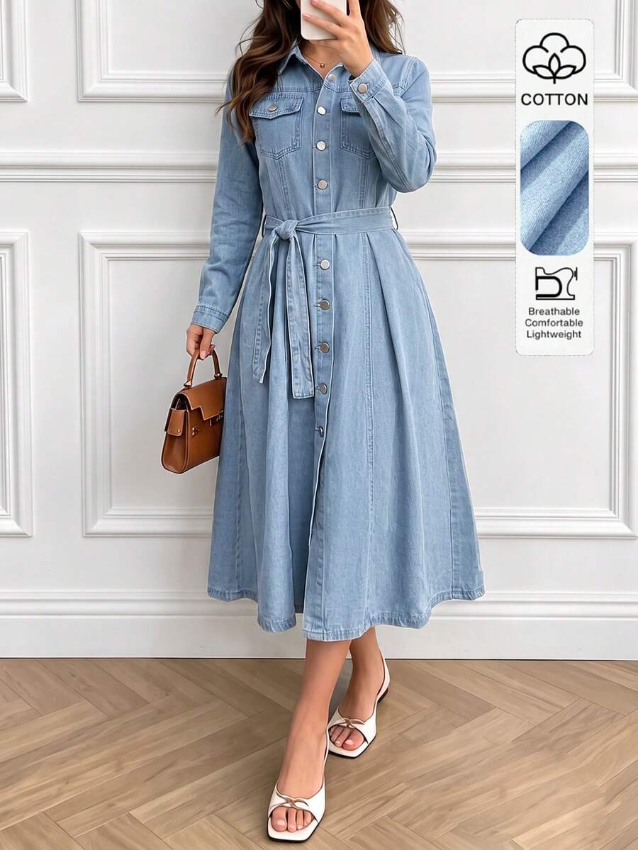 Women's Casual Denim Dress, Shirt Collar Long Sleeve Short Design With Pockets - Medium Wash - View 1