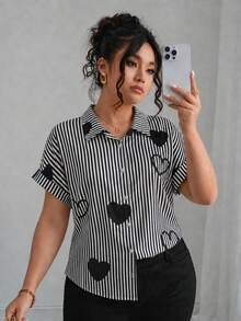 Plus Size Women Casual Striped Heart Button Shirt, Suitable For Daily Wear And Commuting Autumn Top - Black - View 3
