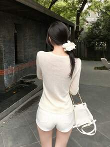 Cardigan Rajut Lengan Panjang Kancing Depan Leher V Gaya Korea, Atasan Crop Slim Fit yang Mengencangkan Pinggang untuk Wanita, Musim Semi/Gugur - Aprikot - View 5