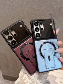 多功能重工防摔隱形支架無線充電手機殼，適用 Galaxy S26Ultra S25Ultra S24Ultra S23Ultra S26 S25 S24 A57 A56，奢華鏡頭保護支架防震防撞後蓋 - 櫻桃紅色 - 查看 3