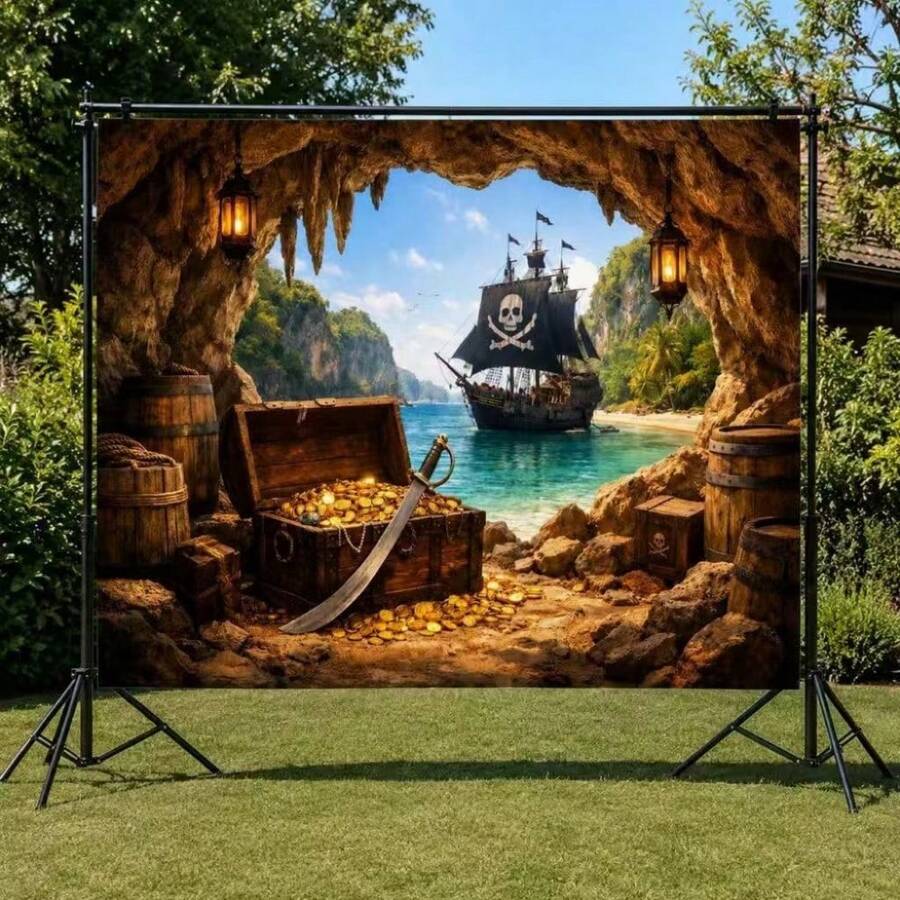 1pc 2D Flat Banner, Pirate Treasure Background Cloth, Suitable For Indoor Photo Backdrop, Party Decoration, Home Decor, No Power Required - 1 - View 1