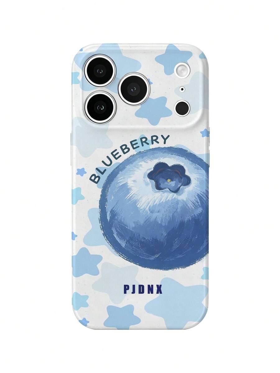 PJDNX 1pc White Watercolor Blueberry Print Phone Case With Blue Star Pattern, Stripes, Fruit Style, Bear, Glossy Film Hard Shell, Precise Lens And Earpiece Cutouts, Full Coverage, Ultra-Lightweight Bare-Hand Feel, Phone 17 Pro Max Phone Case, Compatible With Phone 16 Pro Max, 15 Pro Max, 14 Pro Max, High-End Fashionable And Fun Phone - Blue - View 1